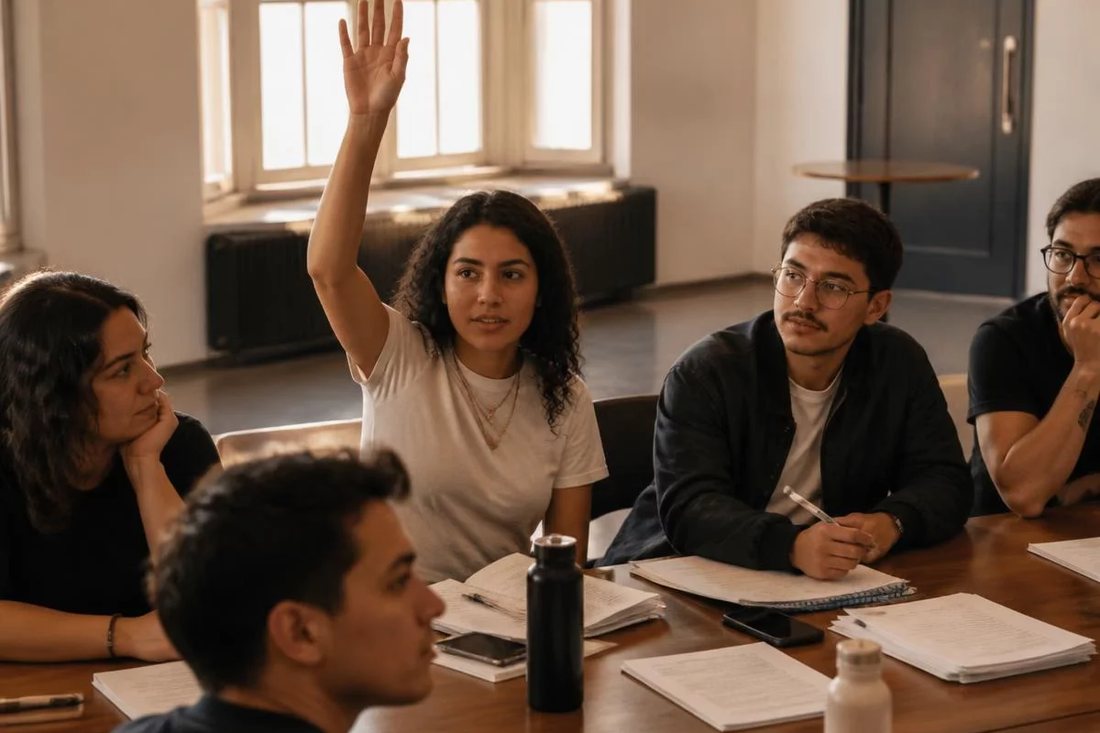 Facilitador em pé apontando para um argumento escrito no quadro durante a sessão