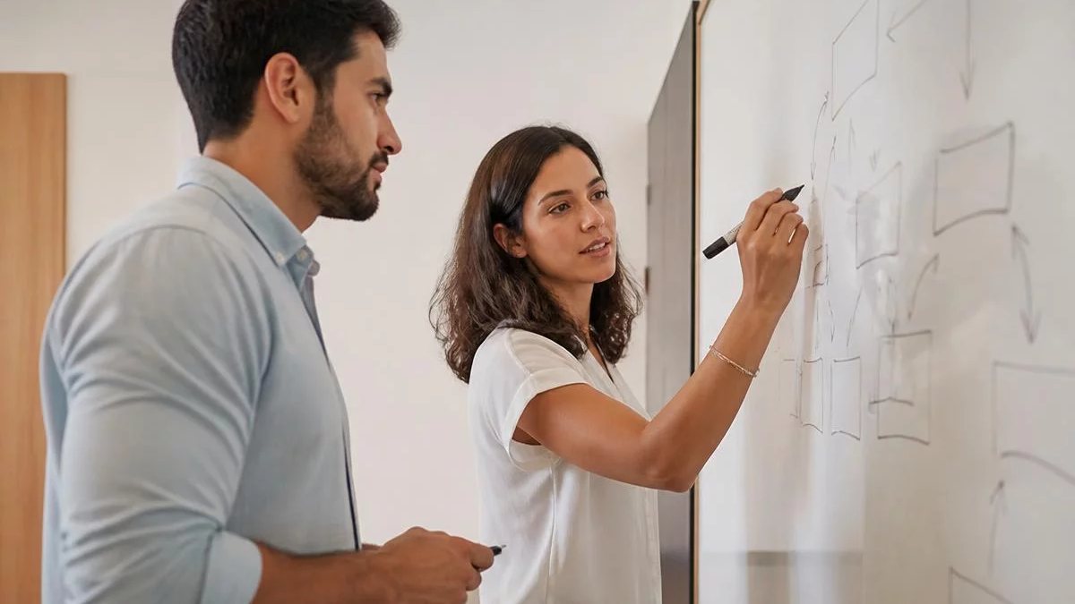 Duas participantes de pé diante do quadro branco, montando um argumento a caneta